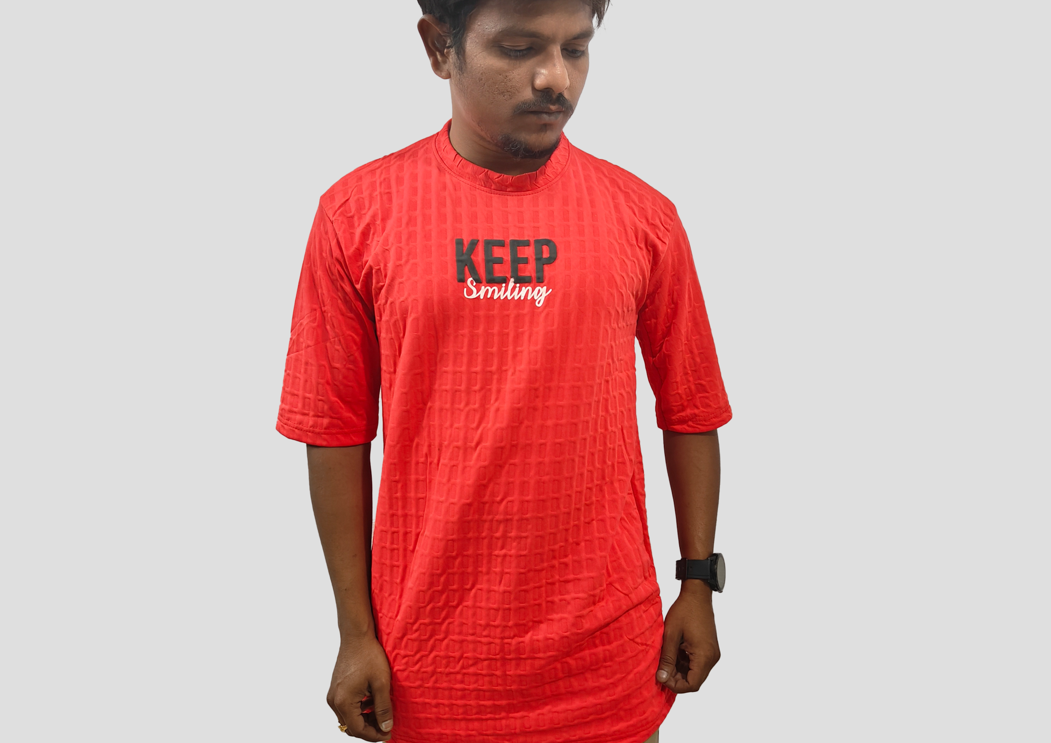 Red Textured “Keep Smiling” Printed Half Sleeve Round Neck T-Shirt for Men – Trisholic