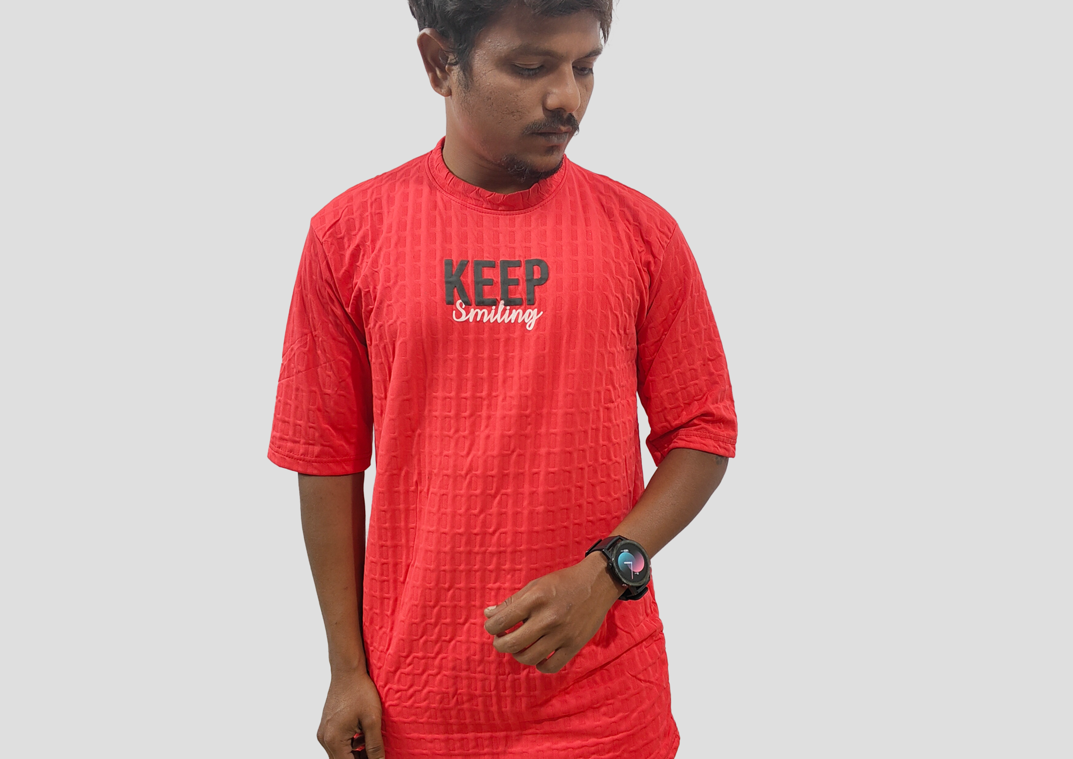 Red Textured “Keep Smiling” Printed Half Sleeve Round Neck T-Shirt for Men – Trisholic