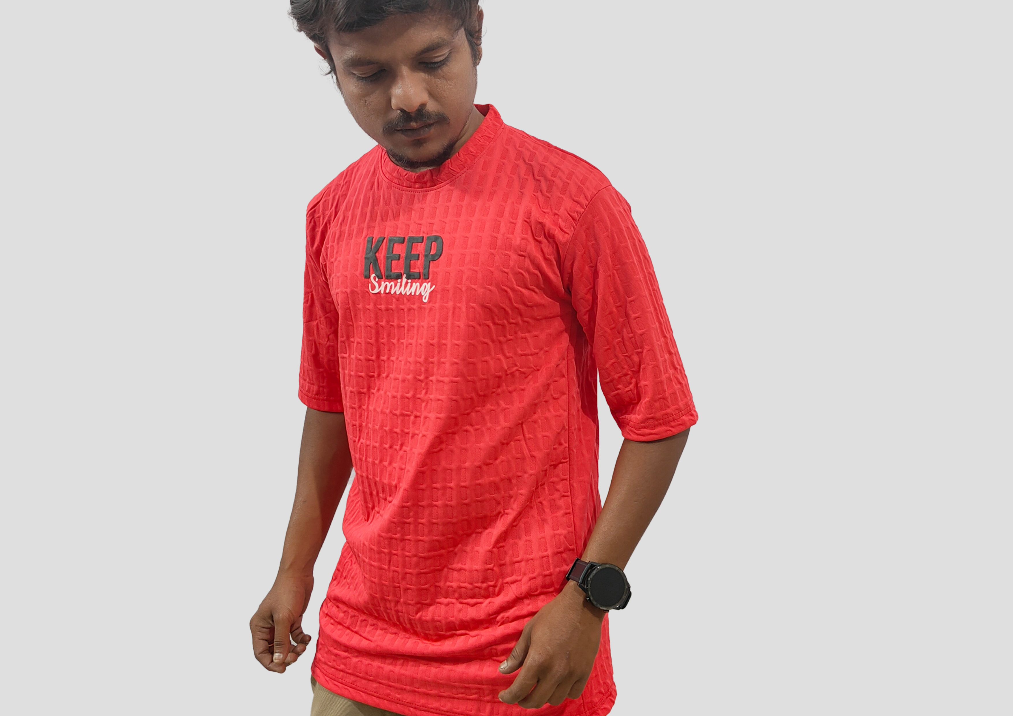 Red Textured “Keep Smiling” Printed Half Sleeve Round Neck T-Shirt for Men – Trisholic