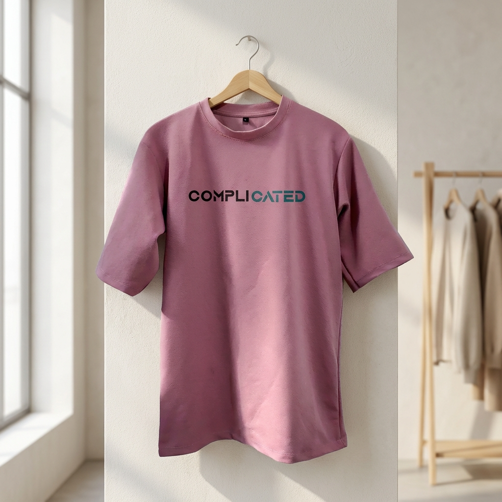 Best Quote Printed Cotton Candy Oversize T-shirt For Men's Pink t-shirt with 'COMPLICATED' text on a hanger against a light wall.