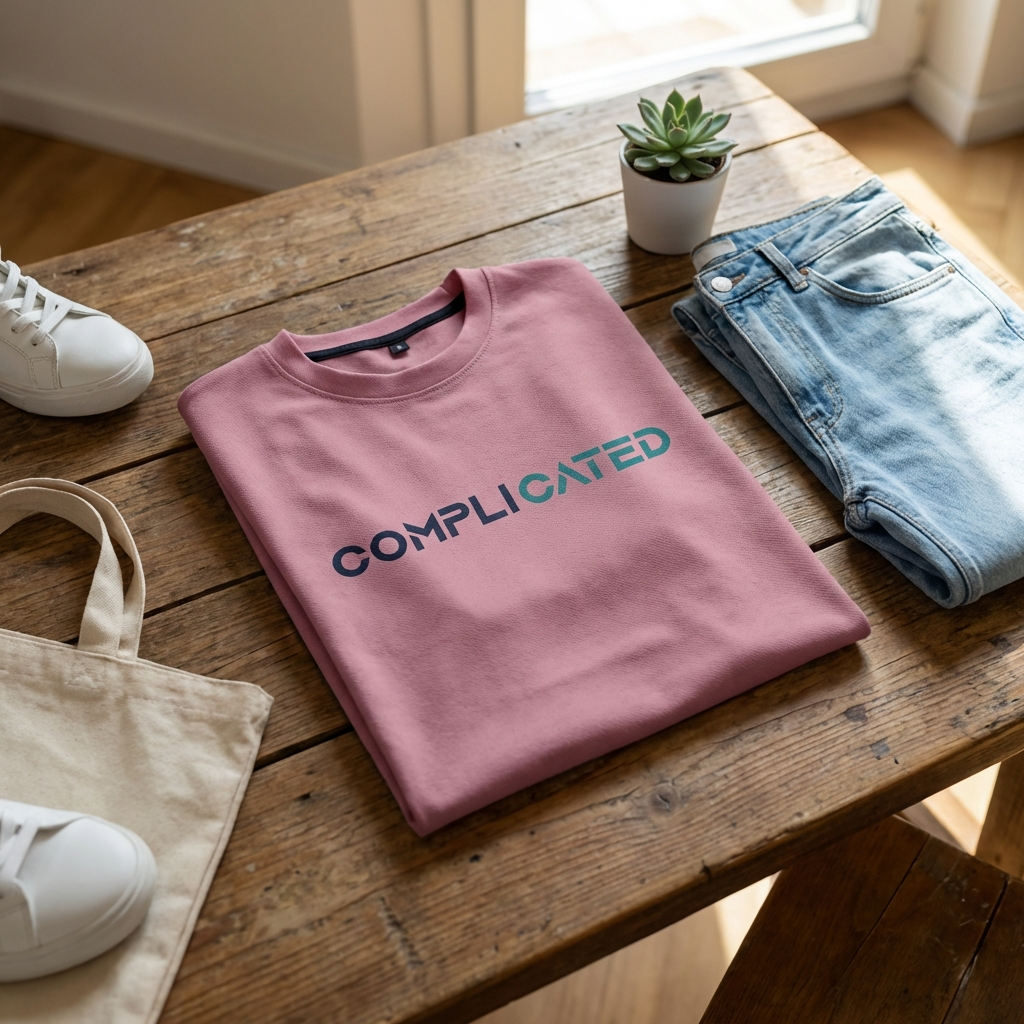 Best Quote Printed Cotton Candy Oversize T-shirt For Men's Folded pink sweatshirt with 'COMPLICATED' text on a wooden table with jeans, shoes, and a bag.