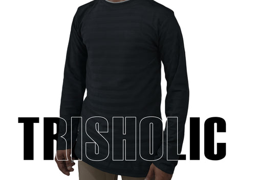 Black long-sleeve shirt worn by a person on a white background with 'TRISHOLIC' branding.