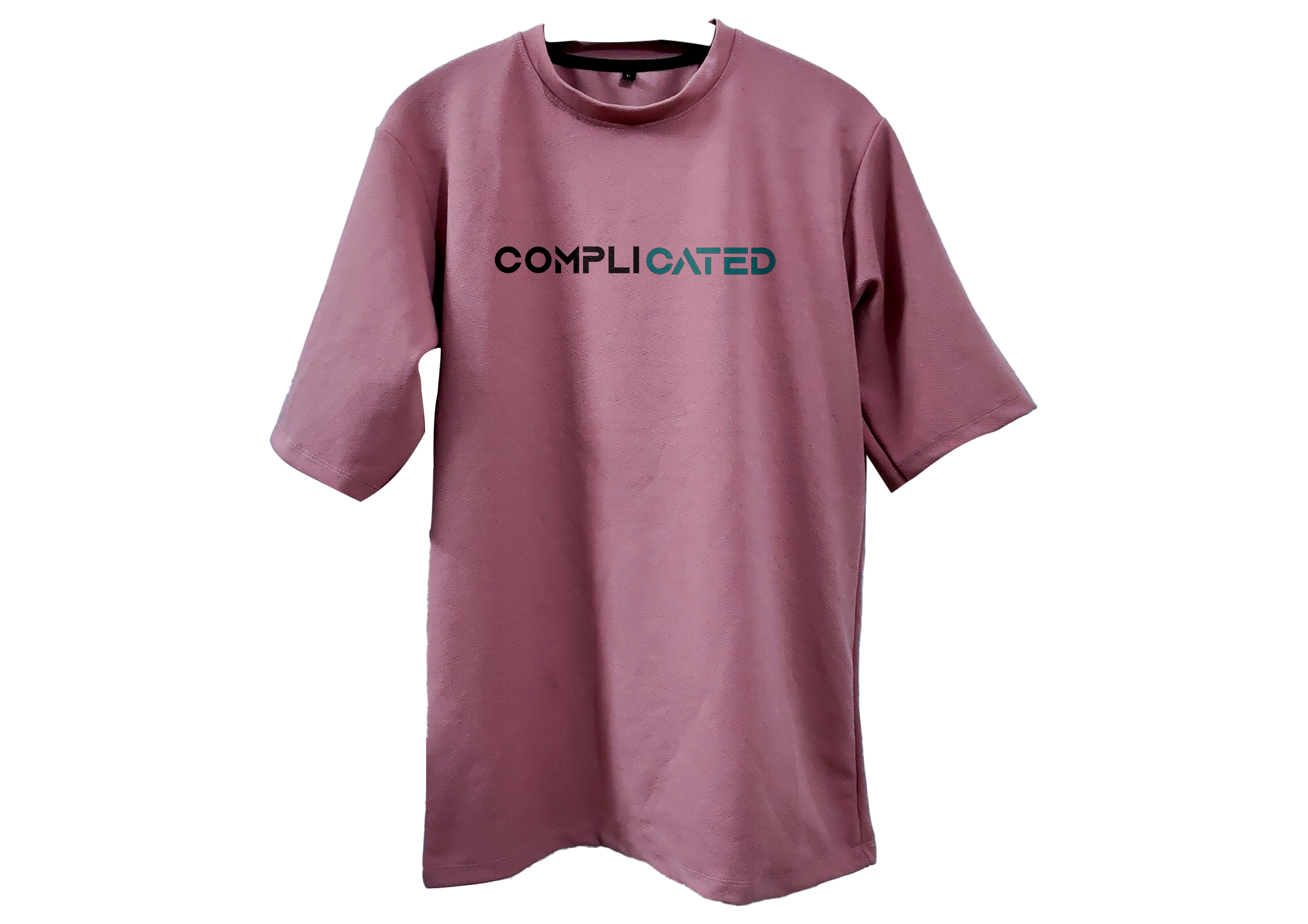 Pink t-shirt with 'COMPLICATED' text on a white background