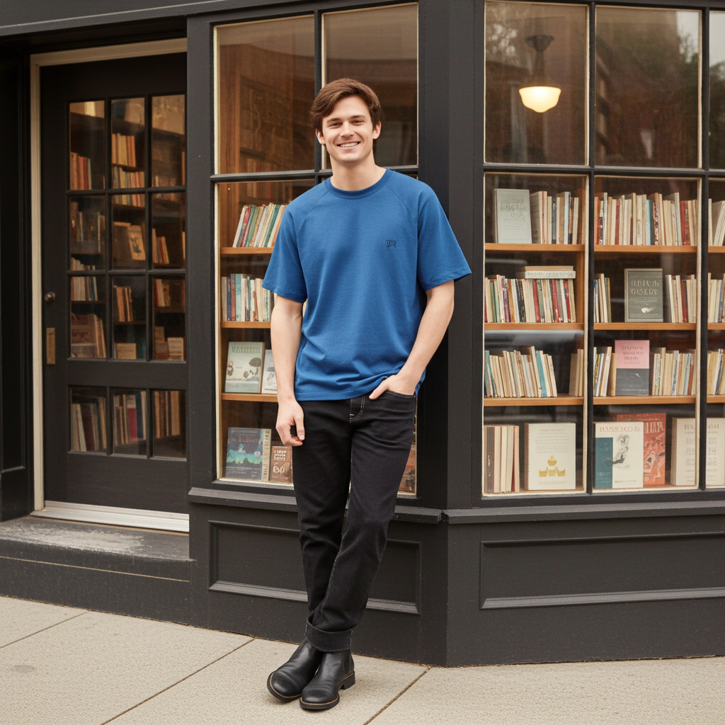 Person standing in front of a bookshelf window display