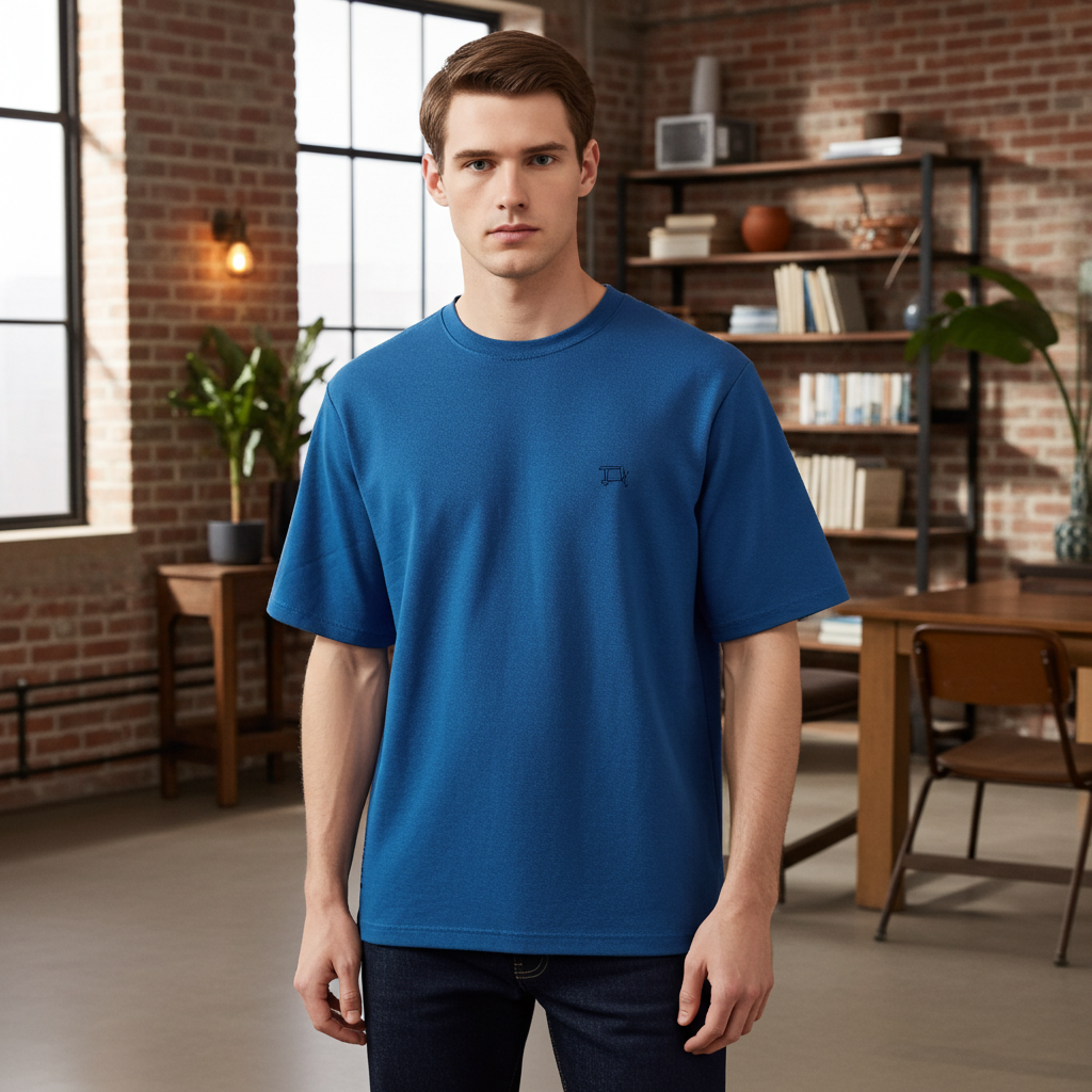 Man wearing a blue t-shirt in a room with brick walls and wooden furniture