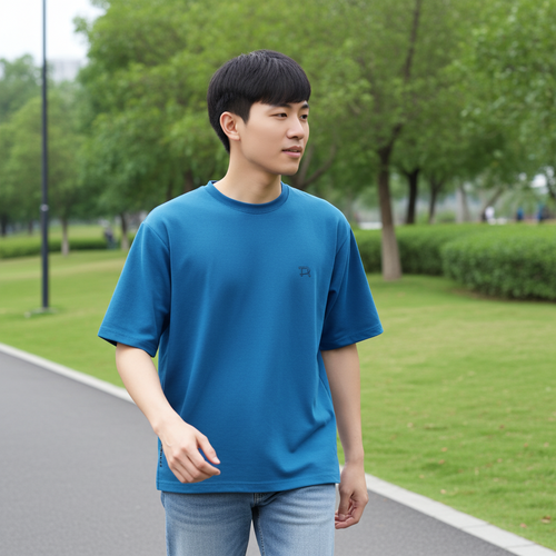 Man wearing a blue t-shirt standing on a path with greenery in the background