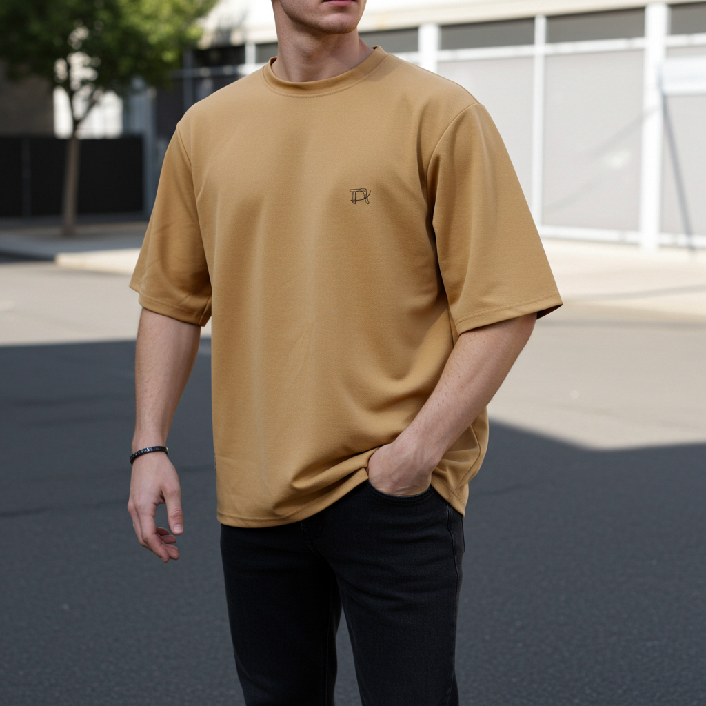 Person wearing a mustard yellow t-shirt with a logo on a street background