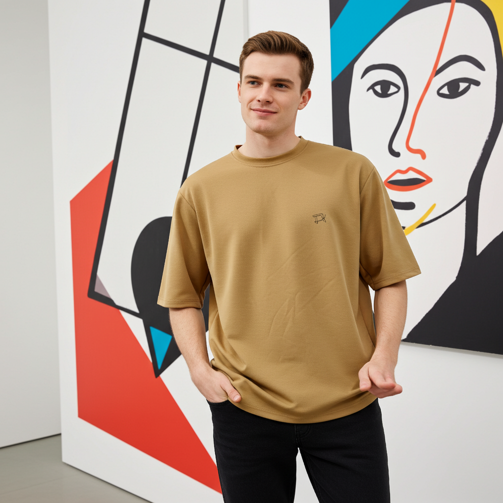 Man wearing a beige t-shirt standing in front of abstract wall art