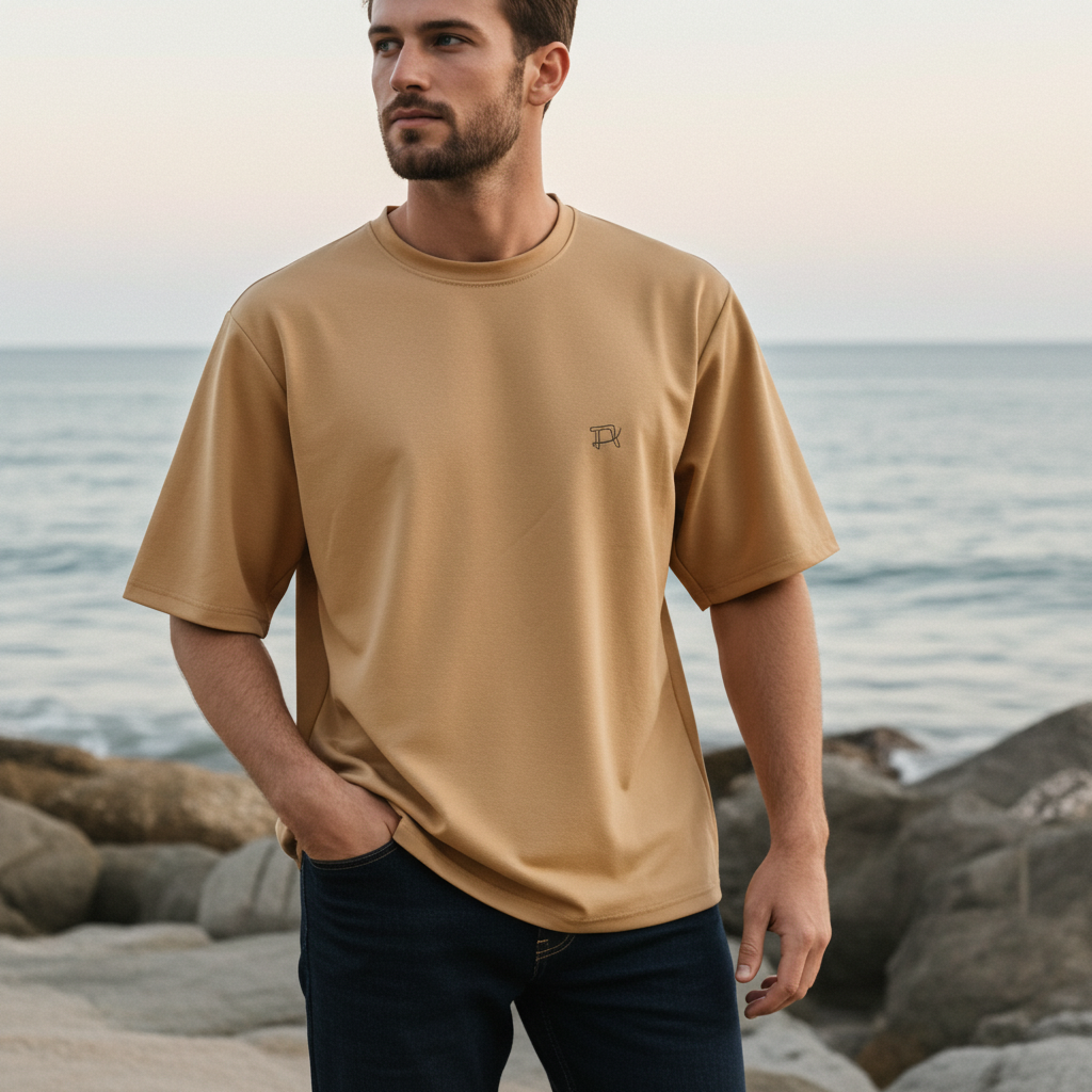 Man wearing a beige t-shirt standing on a beach with ocean in the background