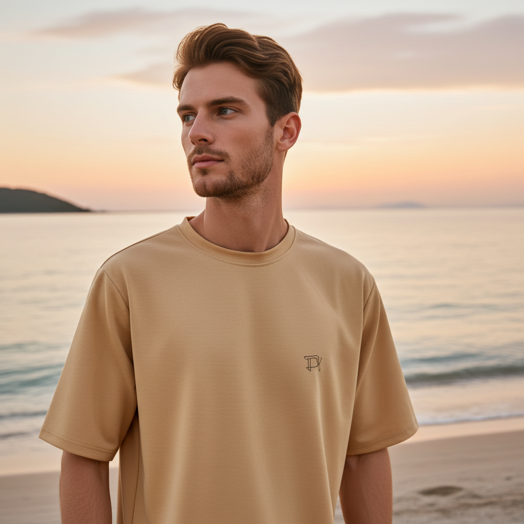 Man wearing a beige t-shirt with a logo on a beach at sunset