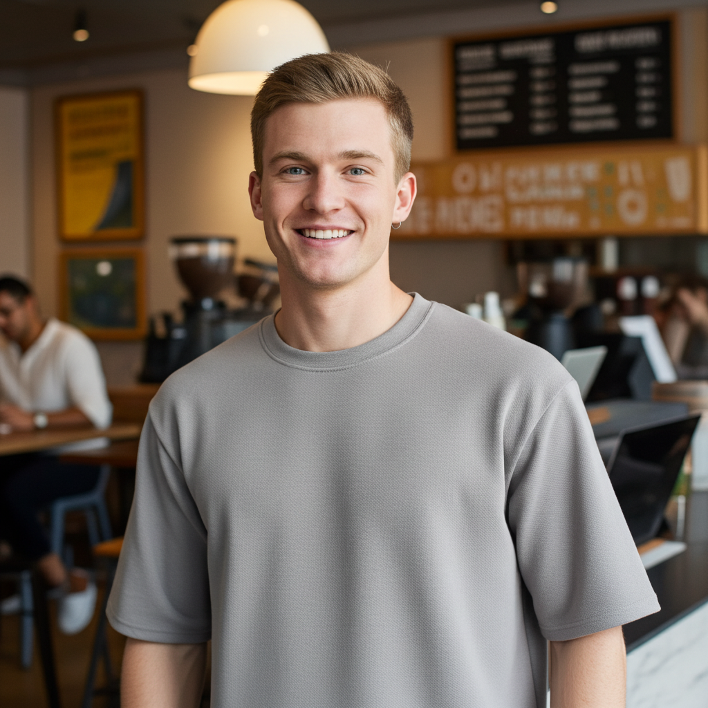 Clean Minimal Look Premium Gay Oversize T-shirt for Men drop shoulder oversized fit Man wearing a gray t-shirt in a casual setting with blurred background