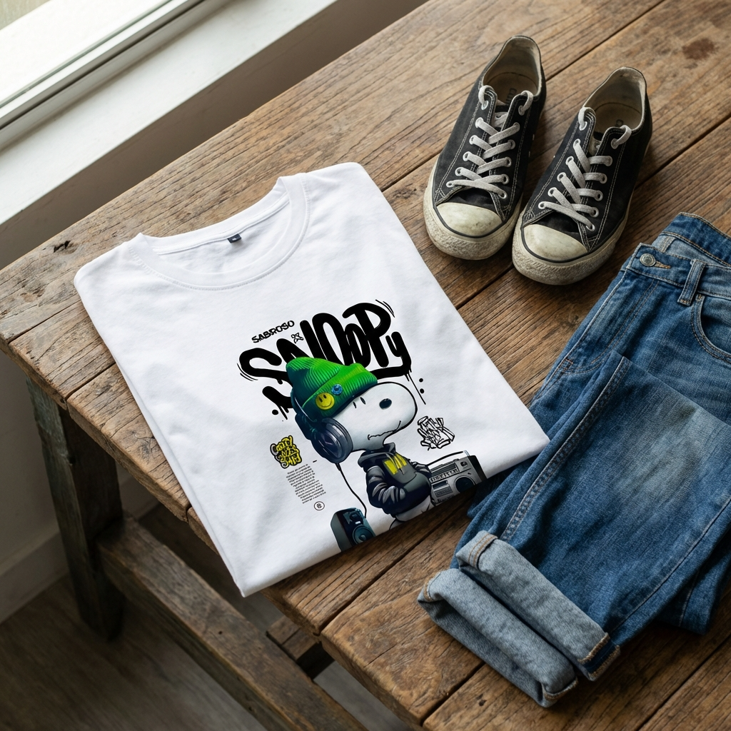 White t-shirt with graphic design, blue jeans, and black sneakers on a wooden table.