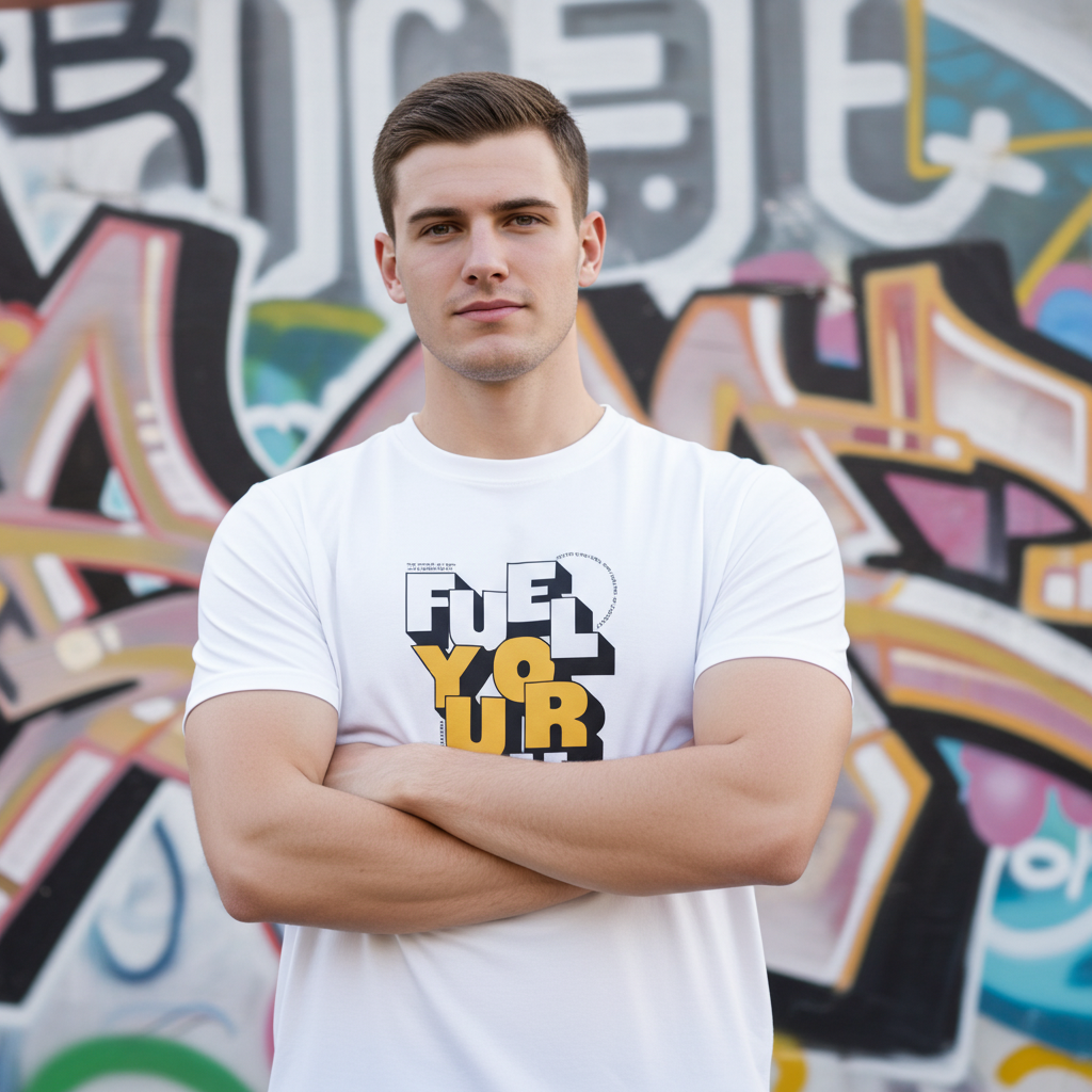 Man wearing a white t-shirt with 'Fuel Your' text in front of a graffiti wall.
