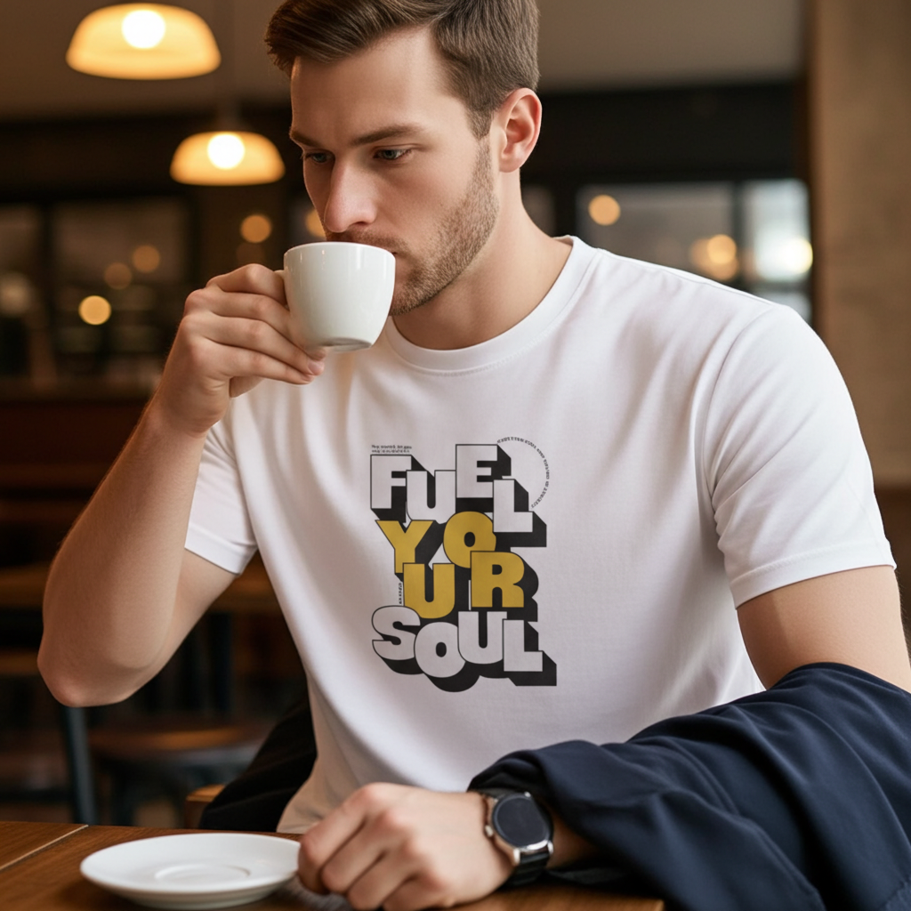 Man drinking from a white cup in a cozy indoor setting wearing a white t-shirt with motivational text.