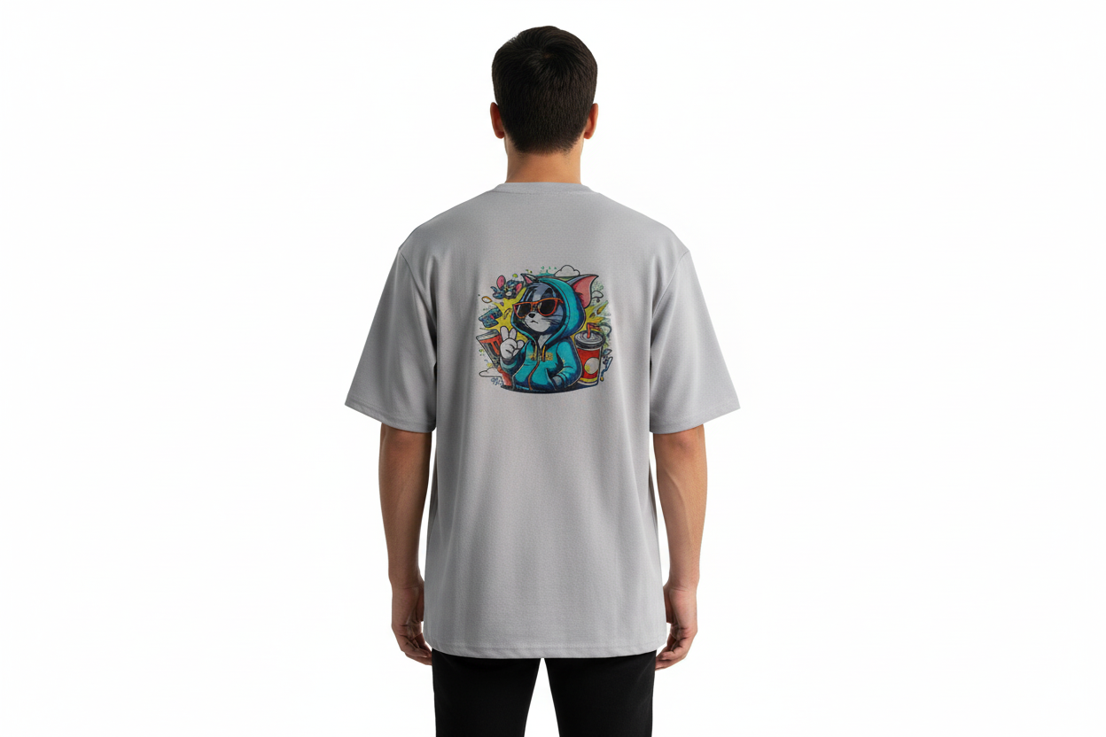 Back side of gray oversized men’s t-shirt with colorful Tom cartoon chilling vibe print, premium cotton streetwear by Trisholic.