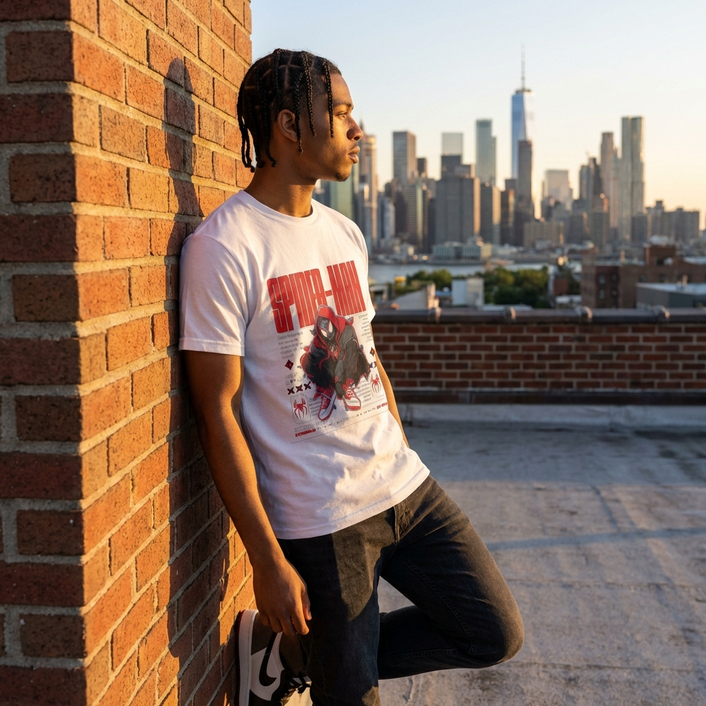 Person wearing a white t-shirt with a graphic design, standing on a rooftop with a city skyline in the background.