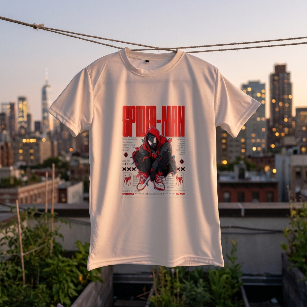 White t-shirt with Spider-Man graphic design hanging on a clothesline with a cityscape in the background
