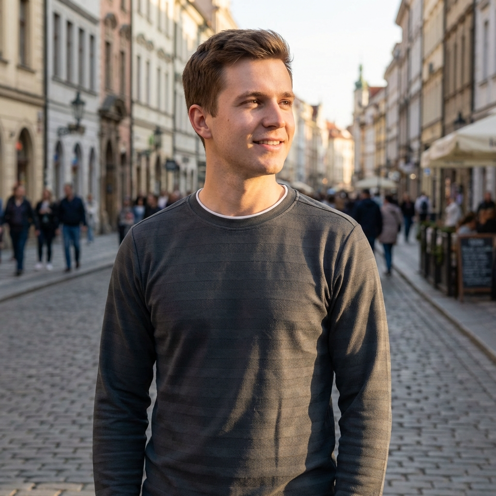 Man standing on a city street with buildings and people in the background