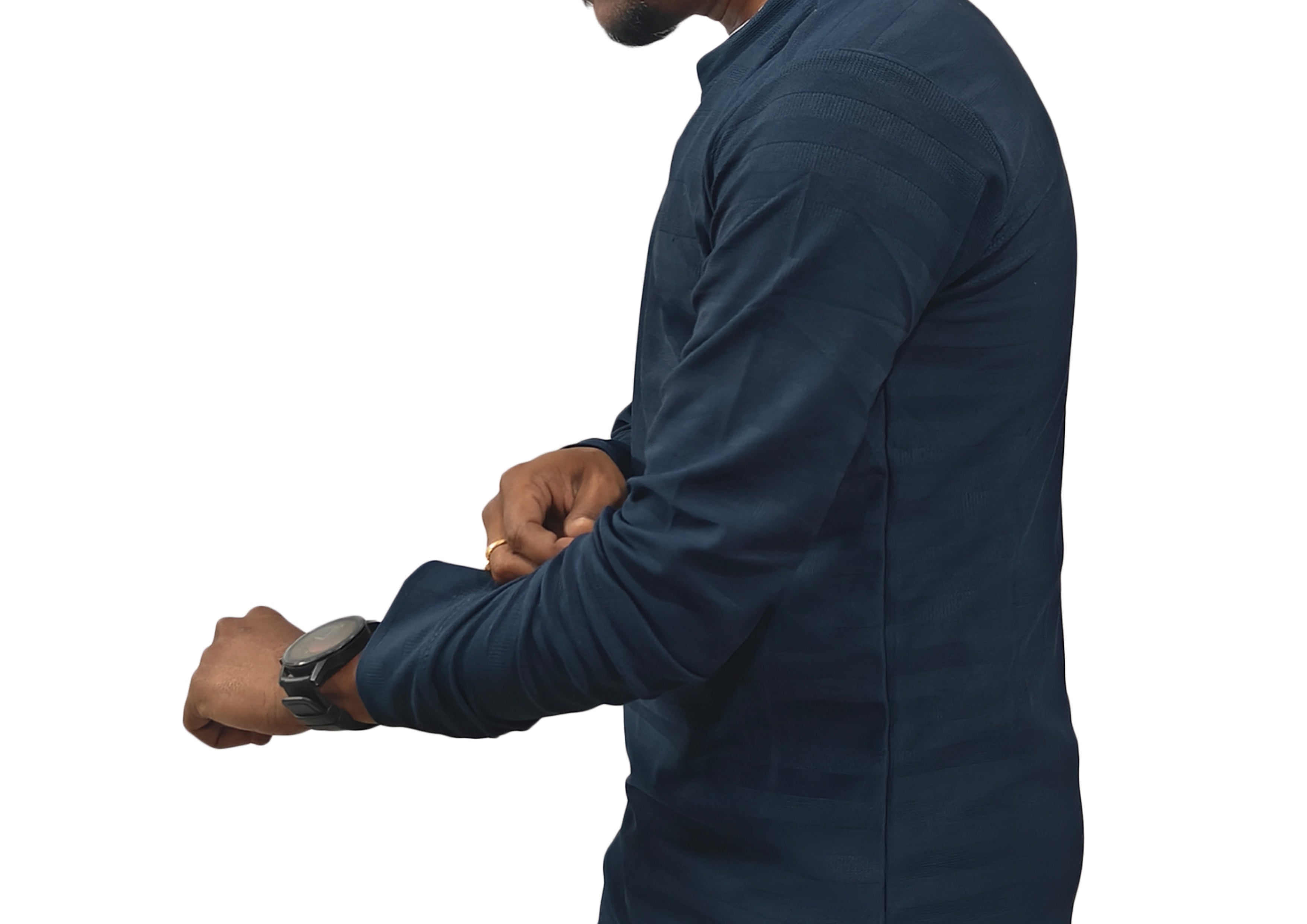 Man wearing a navy blue long-sleeve shirt on a white background