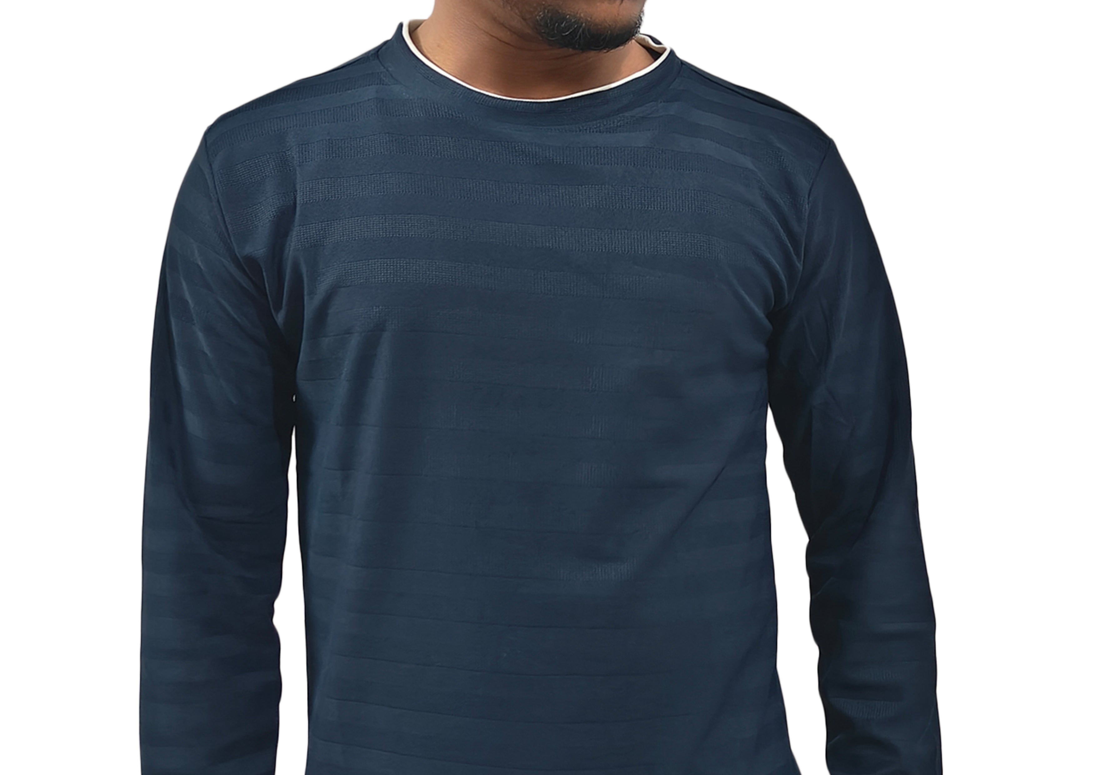 Navy blue long-sleeve shirt worn by a person on a white background