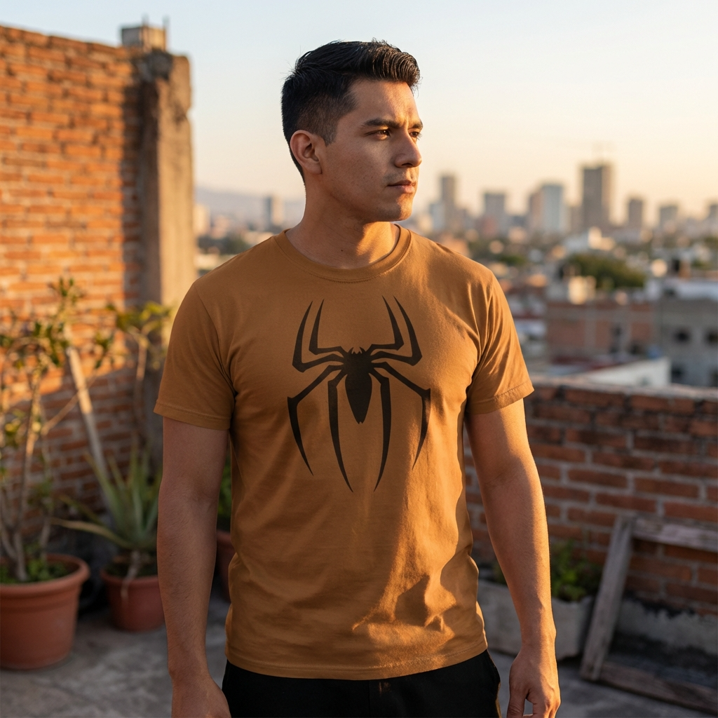 Man wearing a Spider-Man t-shirt on a rooftop with cityscape in the background