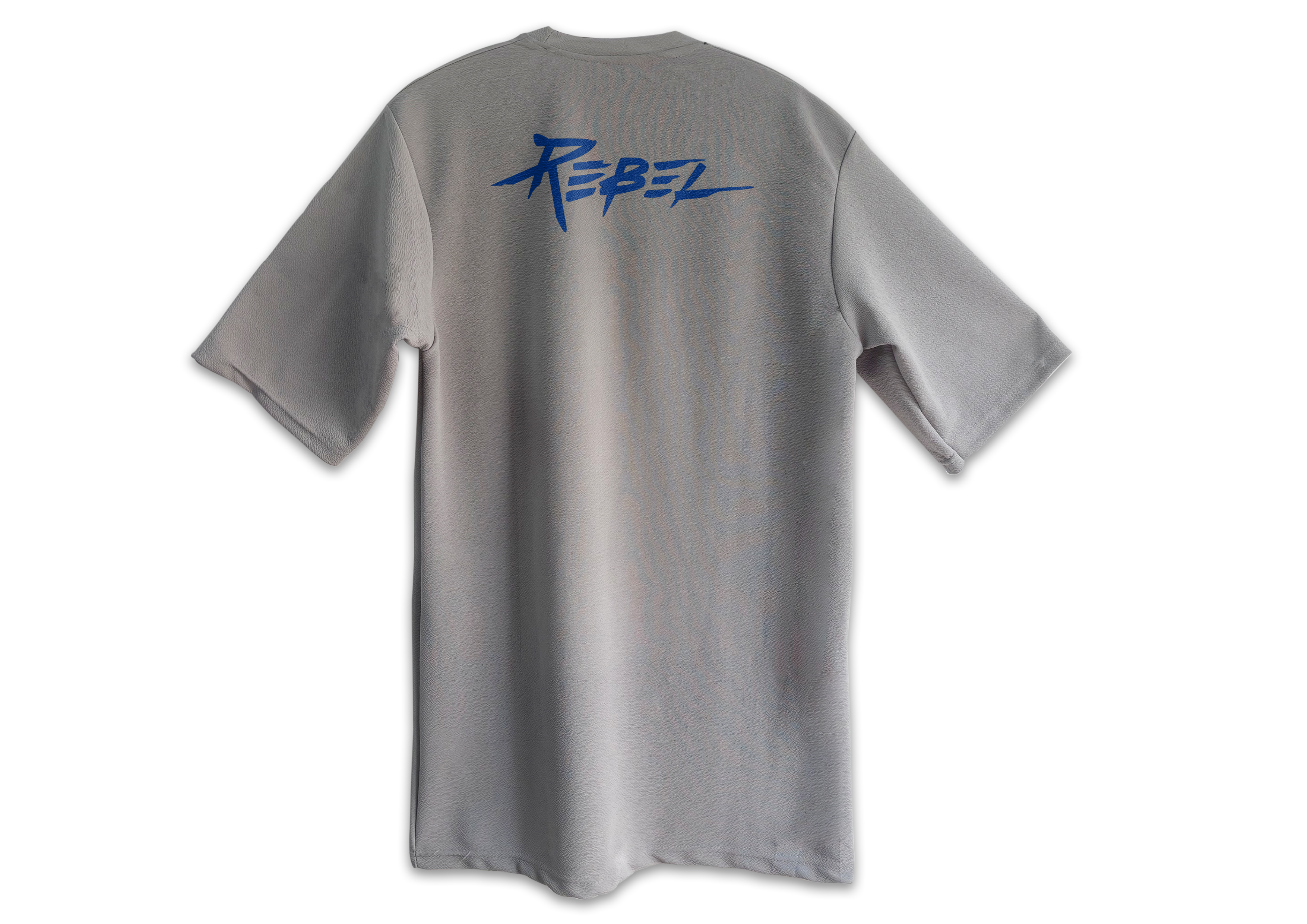 Back side of men's unique minimal drop shoulder t-shirt with relaxed oversized fit, modern streetwear style by Trisholic.