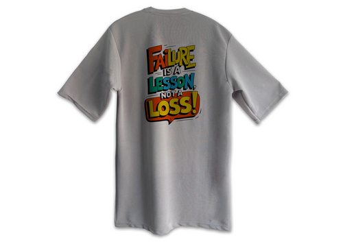 Gray t-shirt with colorful text design on the back against a white background