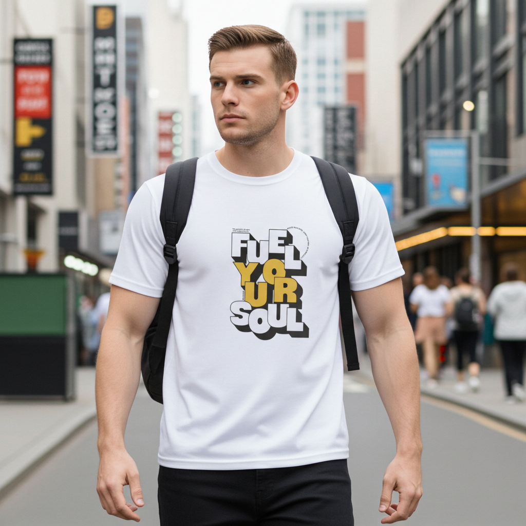Man wearing a white t-shirt with 'FEEL YOUR SOUL' text in an urban setting