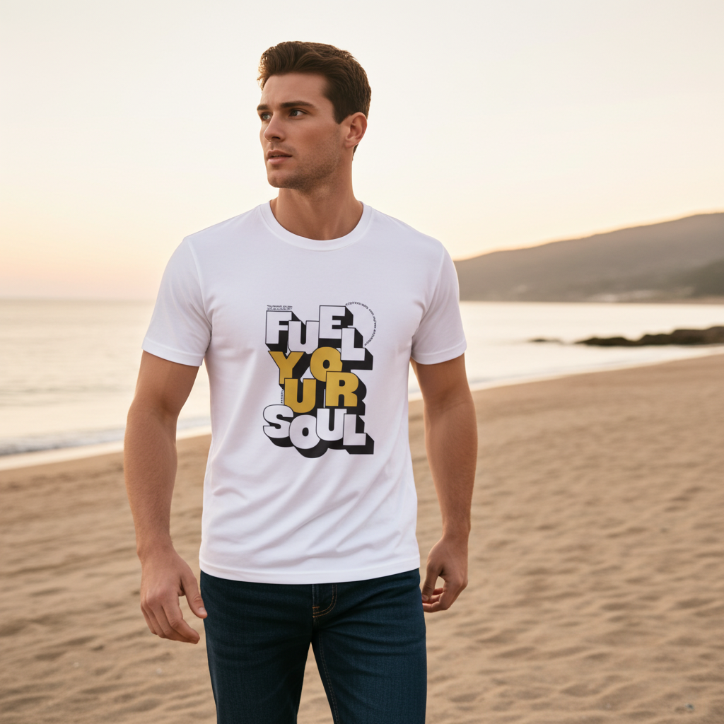 Man wearing a white t-shirt with 'Fuel Your Soul' text on a beach