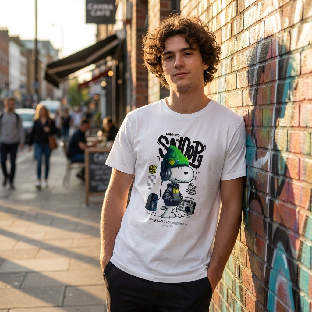 Person wearing a white t-shirt with a graphic design, standing against a colorful brick wall on a street.