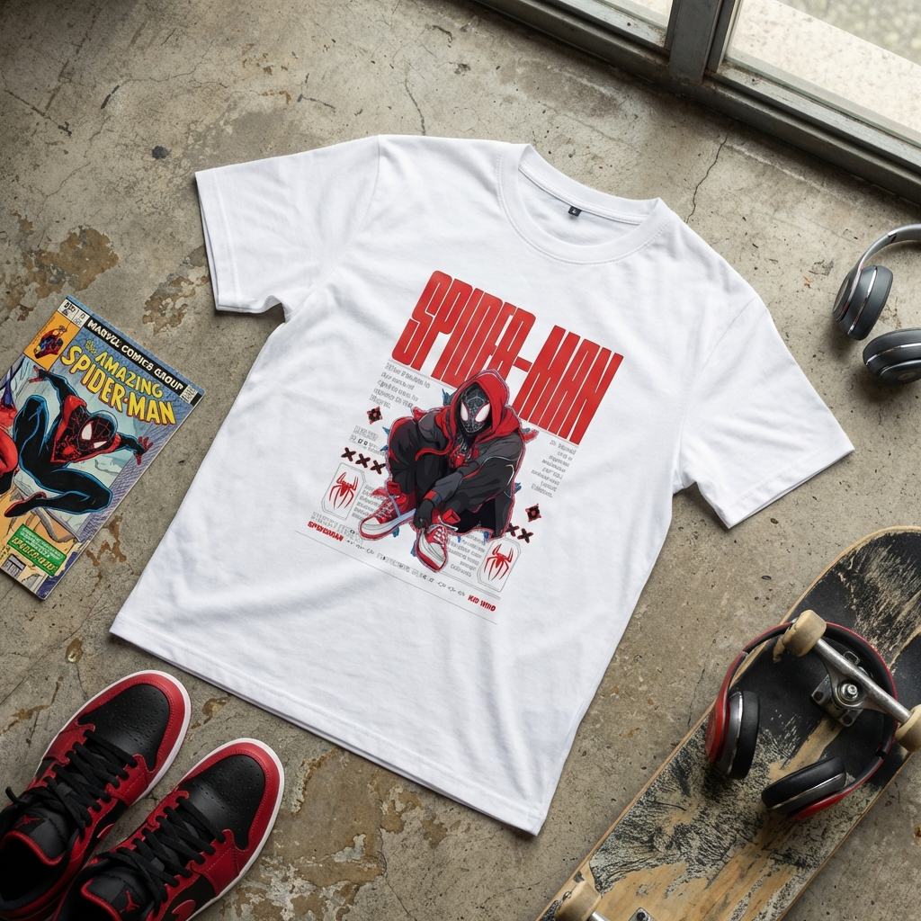 White t-shirt with Spider-Man graphic design on a concrete floor with shoes and comic book.