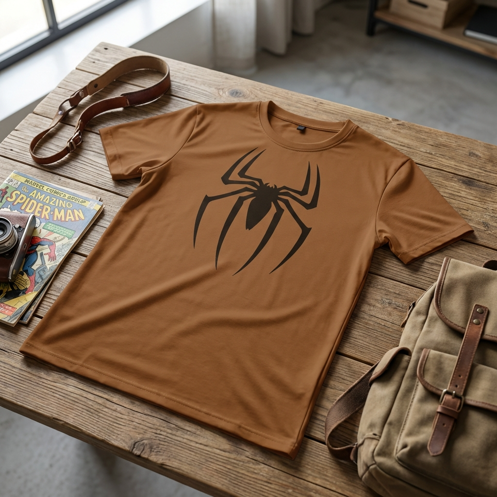 Brown t-shirt with spider graphic on a wooden table with a backpack and comic book.