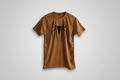 Brown t-shirt with a black spider logo on a white background