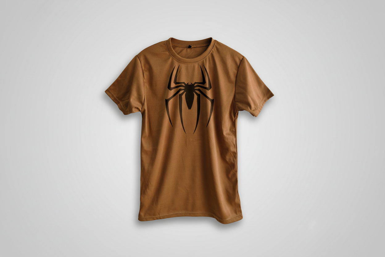 Brown t-shirt with a black spider logo on a white background