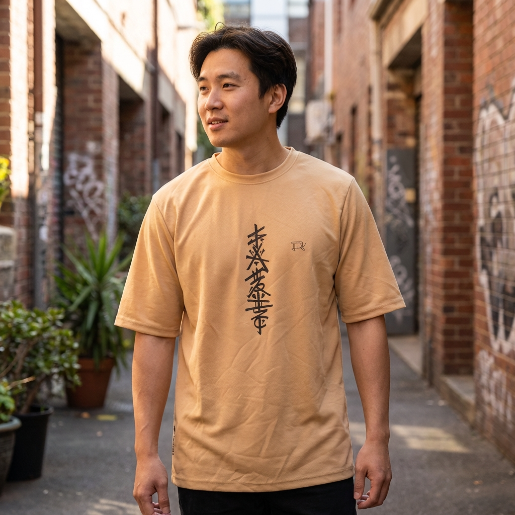 Man wearing a beige t-shirt with a design in an alleyway with plants and graffiti.