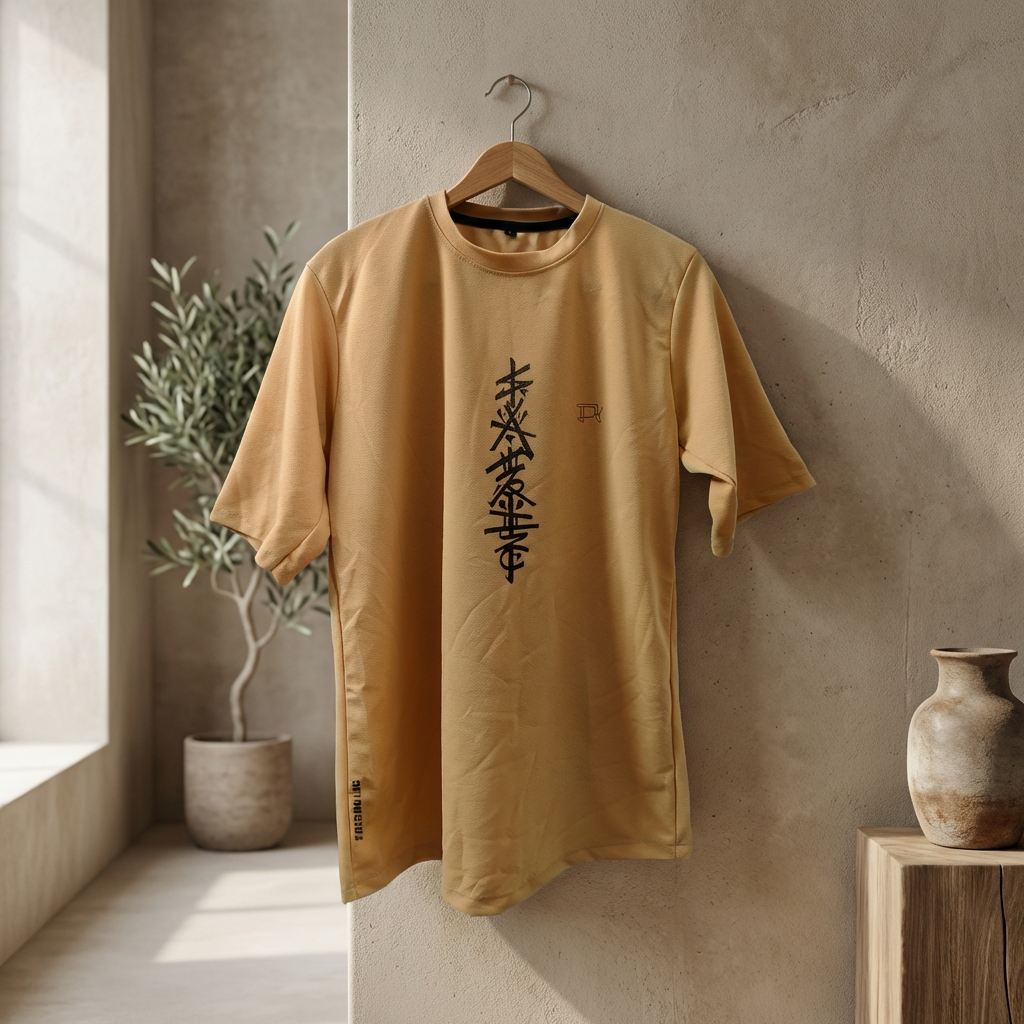 Peach Premium Round Neck and Half Sleeve Oversize T-Shirt Beige t-shirt with black text on a hanger against a neutral wall.