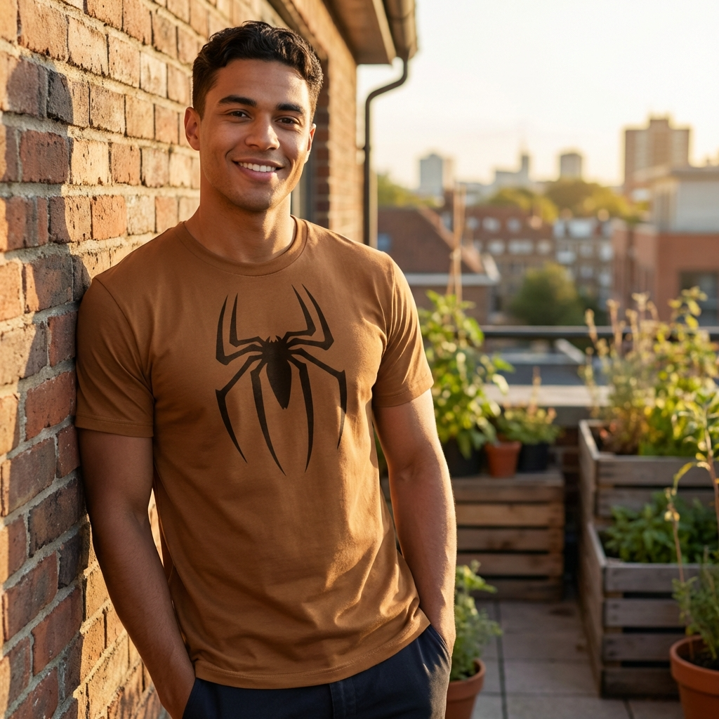Man wearing a brown t-shirt with a spider logo on a rooftop with plants and buildings in the background