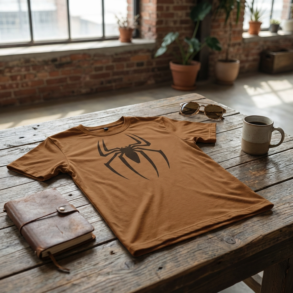Brown t-shirt with spider design on a wooden table with a notebook, sunglasses, and mug.
