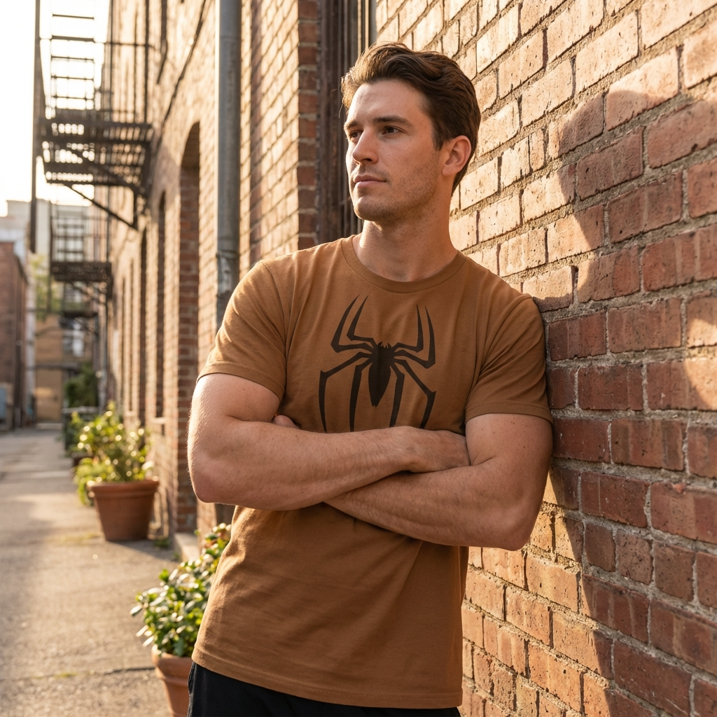 Man wearing a brown t-shirt with a spider logo, leaning against a brick wall.