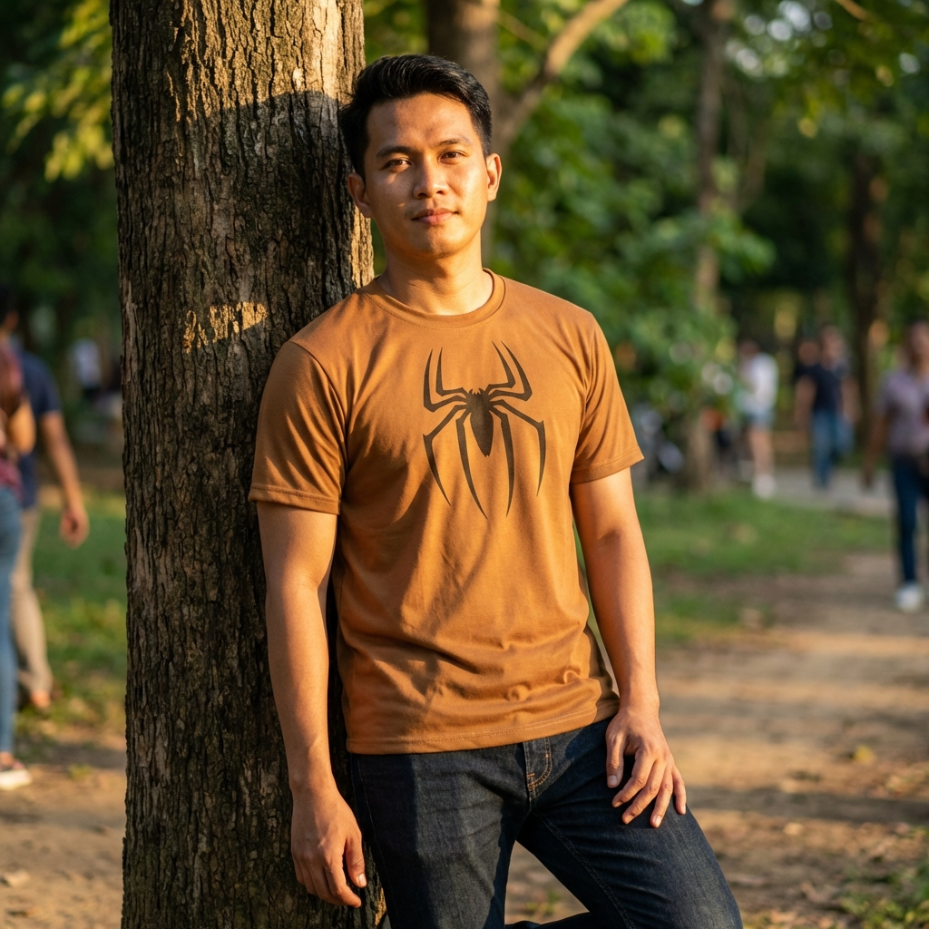 Man wearing a brown t-shirt with a spider logo leaning against a tree in a park.