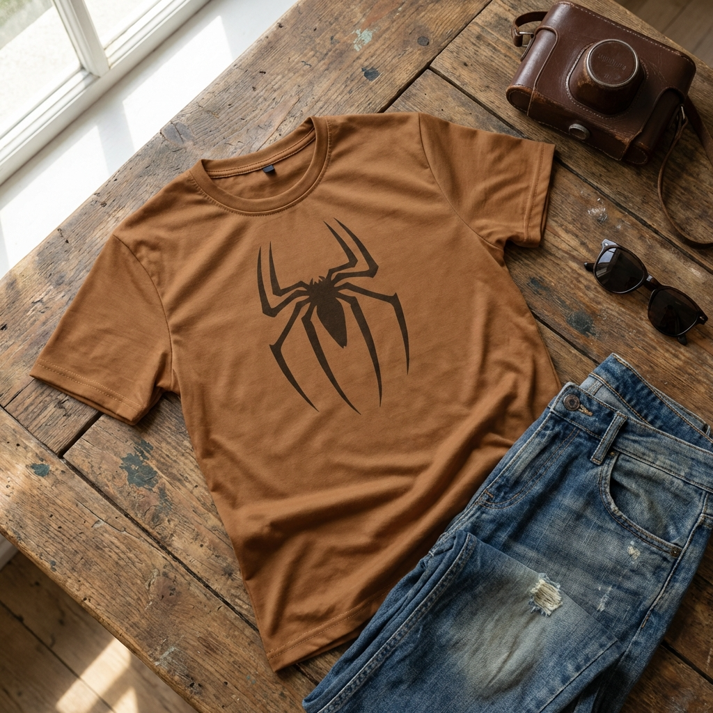 Brown t-shirt with spider design on a wooden surface with jeans and camera.