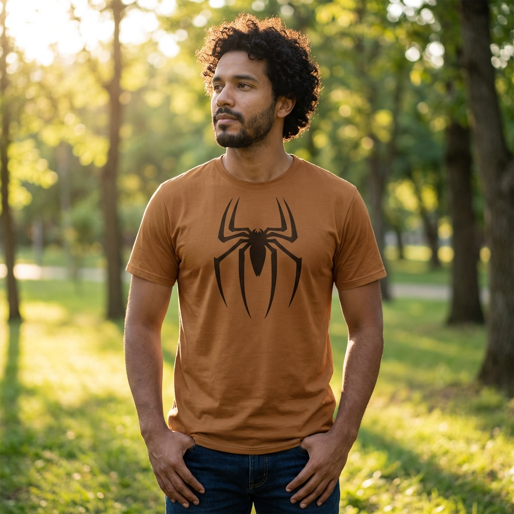 Man wearing a brown t-shirt with a spider graphic in a park