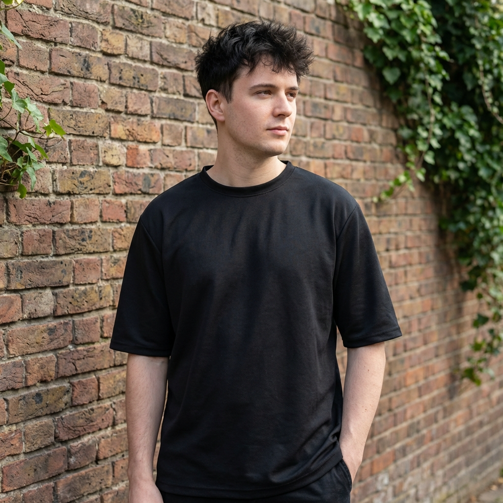 Man wearing a black t-shirt standing against a brick wall with greenery.