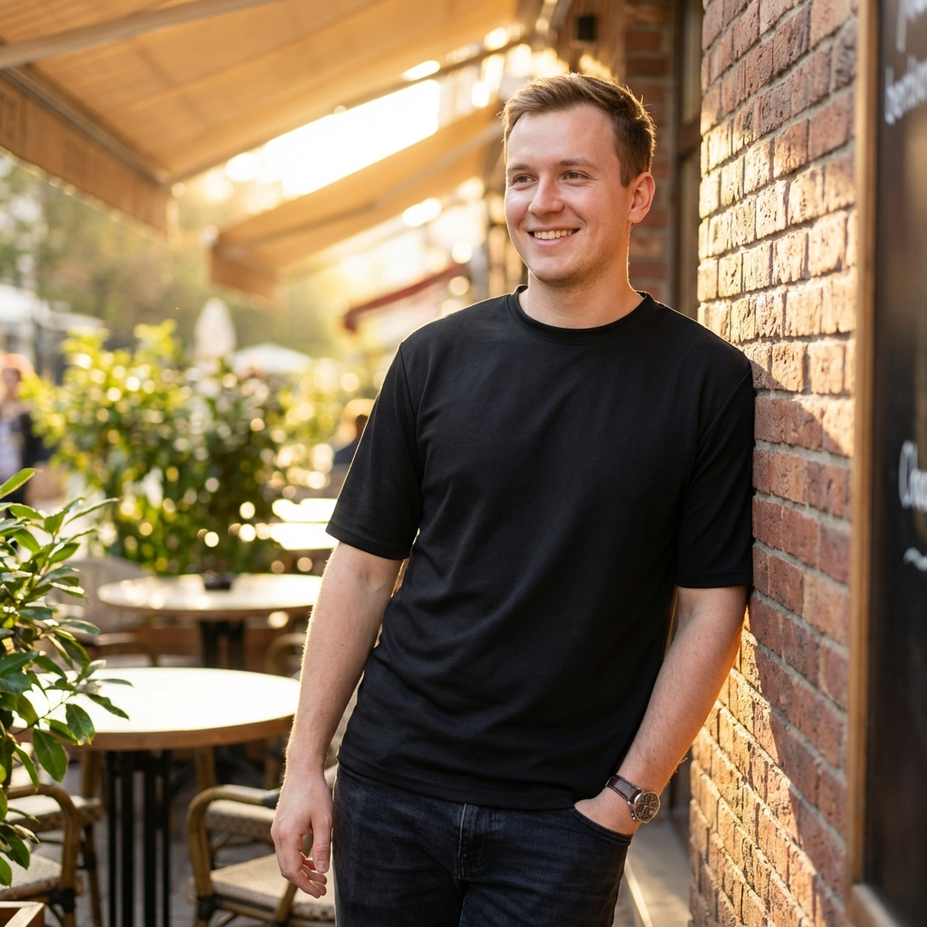 Man in a black t-shirt standing against a brick wall outdoors