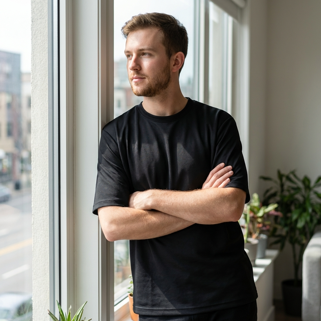 Man in a black t-shirt standing by a window with a cityscape view