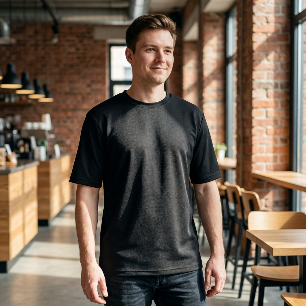 Man wearing a black t-shirt in a modern cafe with brick walls and wooden furniture.