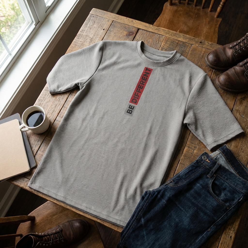Gray t-shirt with text on a wooden table with jeans and coffee.