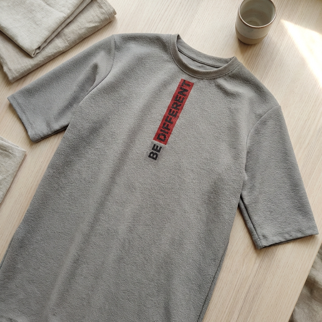 Gray long-sleeve shirt with 'BE DIFFERENT' text on a wooden surface