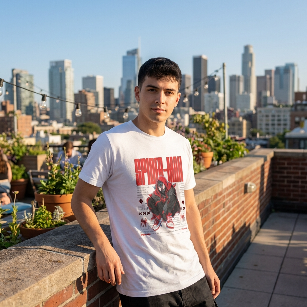 Person wearing a Spider-Man t-shirt on a rooftop with city skyline in the background