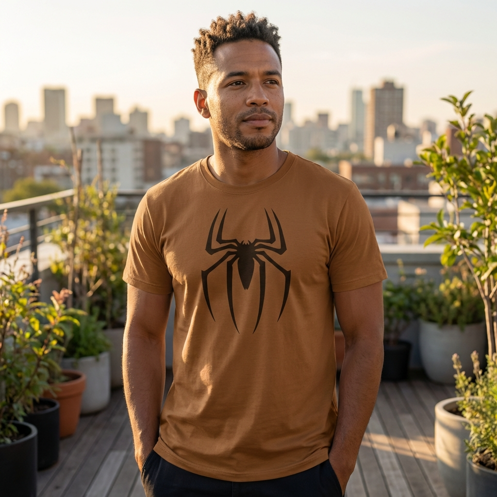 Man wearing a brown t-shirt with a spider logo on a rooftop with cityscape in the background